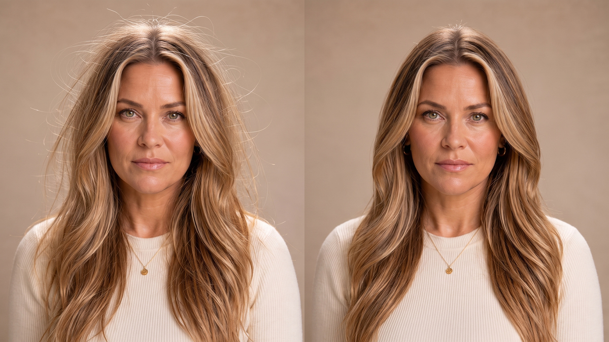 Nora im Vorher-Nachher-Vergleich zu elektrisierten Haaren: links fliegende, rechts ruhigere mittelblonde Haare.
