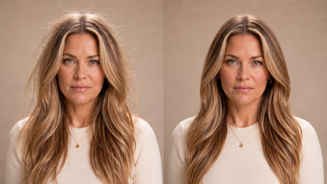 Nora im Vorher-Nachher-Vergleich zu elektrisierten Haaren: links fliegende, rechts ruhigere mittelblonde Haare.