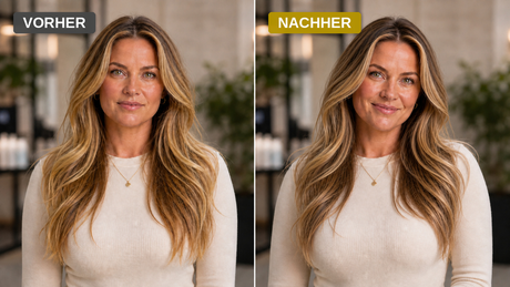 KI-gestützter Vorher-Nachher-Vergleich mit Nora: links warme gelbliche Highlights, rechts neutralere beige Highlights.