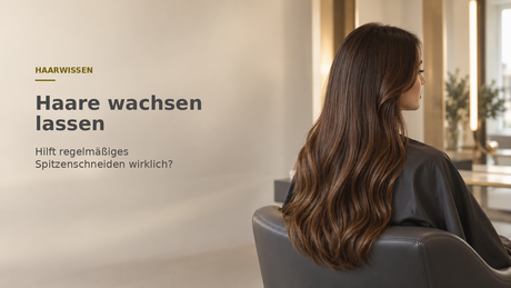 Eine Frau mit langem, gepflegtem braunem Haar sitzt seitlich in einem hellen professionellen Salon.