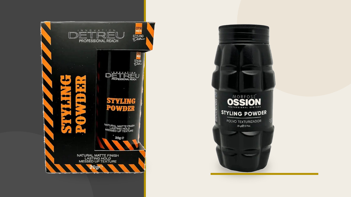 Detreu und Ossion Stylingpuder als echte Produktpackungen in einer ruhigen anthrazitfarbenen hairOne Editorial-Komposition.