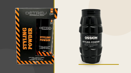 Detreu und Ossion Stylingpuder als echte Produktpackungen in einer ruhigen anthrazitfarbenen hairOne Editorial-Komposition.