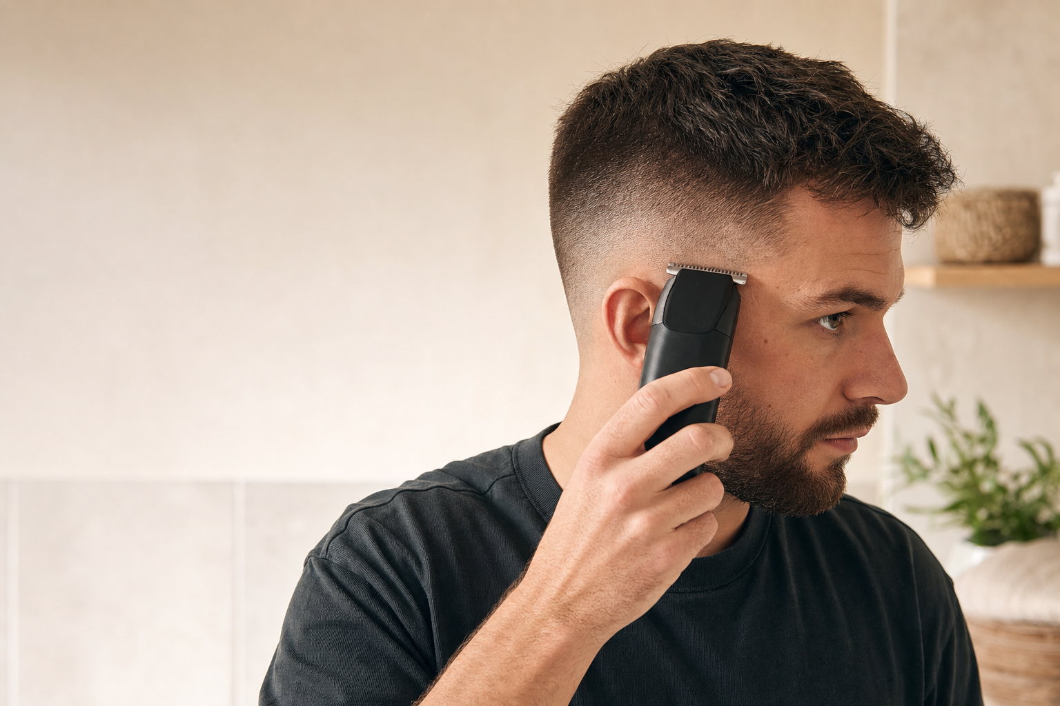 Mann schneidet sich zuhause mit einem Haarschneider selbst einen Fade.