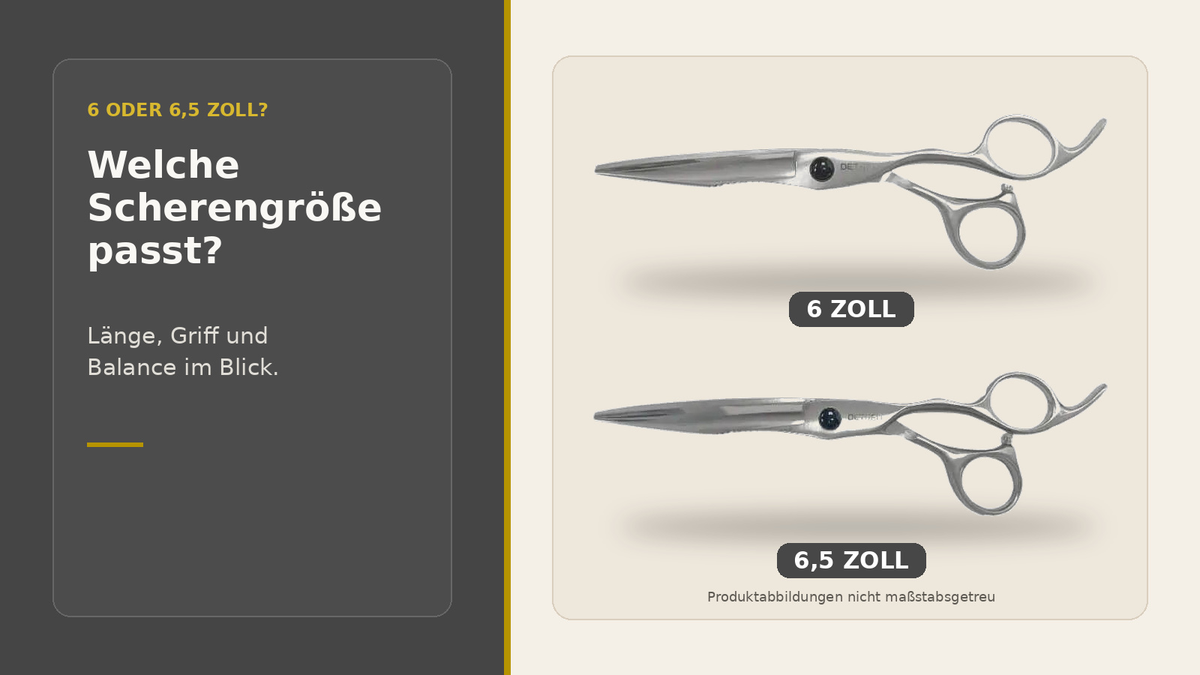 Zwei silberne Detreu U-01 Friseurscheren in 6 und 6,5 Zoll mit dem Hinweis, dass die Produktabbildungen nicht maßstabsgetreu sind.