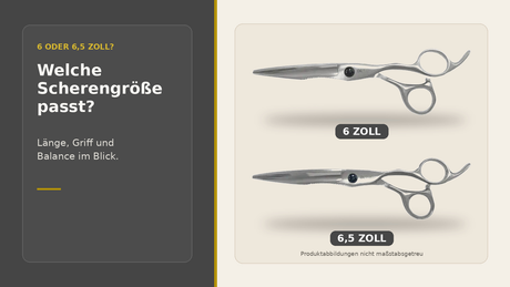 Zwei silberne Detreu U-01 Friseurscheren in 6 und 6,5 Zoll mit dem Hinweis, dass die Produktabbildungen nicht maßstabsgetreu sind.