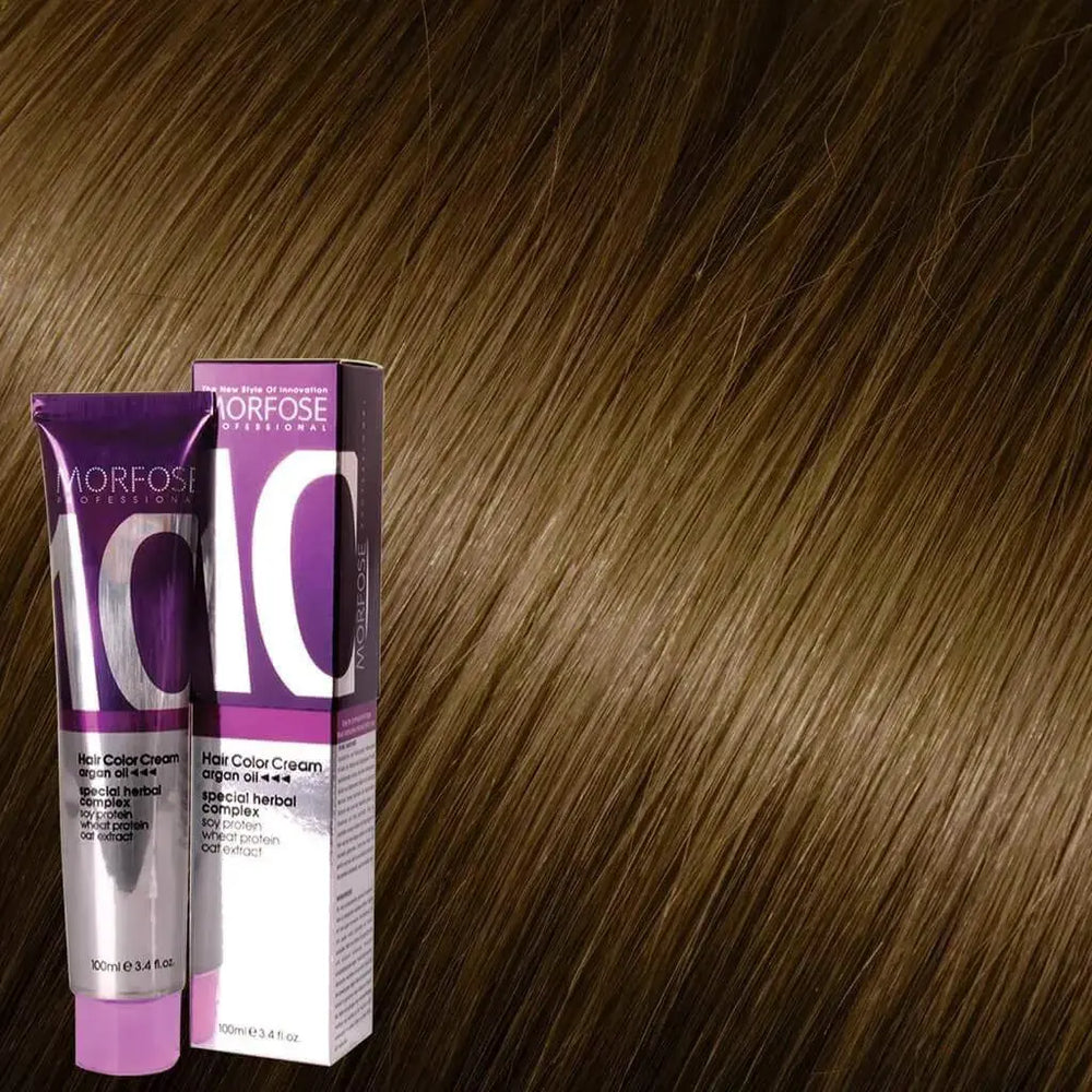 Morfose Hair Color Cream 7.72 Mittelblond braun-irisé – Tube und Haarprobe