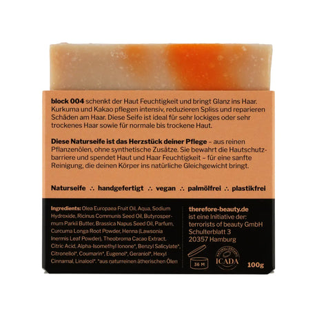 Seife block 004 | bei trockener Haut | ideal bei starken Curls + Afro | mit Kurkuma + Kakao